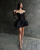 Vintage Shiny Black Lace Beaded Off-the-shoulder A-Line Short Party Dress Cocktail Dress Homecoming Dress HZ1024