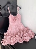 Cute Pink Spaghetti Strap Ruffle Design A-Line Homecoming Dress Party Dress Prom Dresses HZ1024