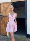 Vintage Pink V-neck Polka Dot A-Line Short Party Dress Cocktail Dress Homecoming Dress HZ1024