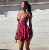 Vintage Fuchsia Lace Spaghetti Strap A-Line Short Tiered Party Dress Cocktail Dress Homecoming Dress HZ1024