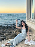 Vintage Sage Green Ruffle Mermaid Satin Long Prom Dress Party Dress Evening Dress HZ1024