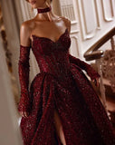 Vintage Sweetheart Burgundy Shiny Sequin Strapless Design A-Line Evening Dress Prom Dress HZ1024
