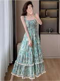 Vintage Women Floral Design A-Line Beach Holiday Spaghetti Strap Dress HZ1024