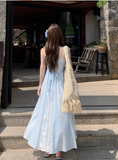 New Fashion Blue Plaid Design Beach Holiday A-line Sleeveless Spaghetti Strap Dress HZ1024