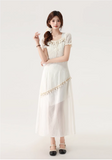 New Fashion Apricot Irregular Fringed Dress Hem Design A-line Square Collar Short-sleeved Dress HZ1024