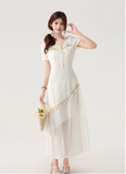 New Fashion Apricot Irregular Fringed Dress Hem Design A-line Square Collar Short-sleeved Dress HZ1024