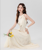 Vintage Fashion Apricot Mesh Ribbon Lace Design A-line Beach Holiday Halter Dress HZ1024