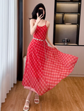 Retro Fashion Red Plaid Design Beach Holiday A-line with Belt Spaghetti Strap Dress HZ1024