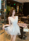 New Style White Tulle V-neck Design A-line Sleeevless Homecoming Dress HZ1024