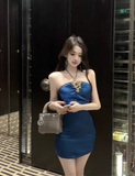Vintage Navy Blue Satin Beading Design A-line Halter Homecoming Dress HZ1024