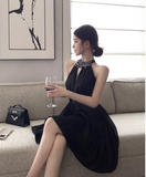Simple Fashion Black Beading V-neck Design A-line Halter Homecoming Dress HZ1024