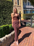 Simple Dark Khaki Halter Dress Design A-line Tulle Women Prom Dress HZ1024