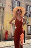 Vintage Orange Single-button V-neck Design A-line Spaghetti Strap Party Dress HZ1024