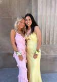 Elegant Pink Ruffled Prom Dress Sheath Evening Gown V-neck Party Dress Long Formal Dress HZ1024