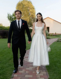 Elegant Simple White Square-neck Straps A-Line Ankle-length Wedding Dress HZ1024