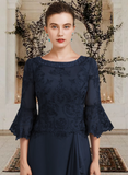 Elegant Navy Blue Embroidery Mother of Bride Dress Jewel Neck Evening Gown Ruffled Long Formal Dress HZ1024