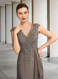 Vintage V-neck Chiffon Applique Mother of Bride Dress Cap Sleeve Evening Gown Floor Length Formal Dress HZ1024