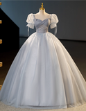 Elegant Dusty Blue A-Line Beaded Evening Gown Tulle Short-sleeved Party Dress Long Formal Dress HZ1024