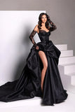 Retro Black Sweetheart Irregular Ruffle Hem Lace Gloves Design Elegant A-Line Satin Evening Dress Prom Dress HZ1024