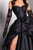Retro Black Sweetheart Irregular Ruffle Hem Lace Gloves Design Elegant A-Line Satin Evening Dress Prom Dress HZ1024