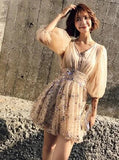 Chic Shiny Champagne Sequin Homecoming Dress V-neck Party Dress Short A-Line Cocktail Dress HZ1024