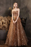 Elegant Champagne Sweetheart Shiny Sequin Ruffle Design A-Line Chiffon Tulle Evening Dress Prom Dress HZ1024