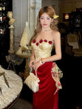 Vintage 3D Rose Sweetheart Prom Dress Red Velvet Sheath Evening Dress Long Formal Dress HZ1024