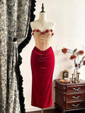 Vintage 3D Rose Sweetheart Prom Dress Red Velvet Sheath Evening Dress Long Formal Dress HZ1024