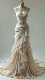 Vintage Sweetheart Mermaid Ruffle Design Beautiful A-Line Chiffon Lace Wedding Dress HZ1024