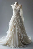 Vintage White V-neck Ruffle Design Beautiful A-Line Chiffon Wedding Dress HZ1024