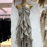 Floral Ruffle Design Halter Dress Elegant A-line Chiffon Evening Party Dress HZ1024