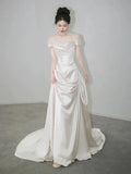 Retro Off-the-shoulder Floor Length Design Elegant Satin A-Line Wedding Dress HZ1024