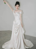 Retro Off-the-shoulder Floor Length Design Elegant Satin A-Line Wedding Dress HZ1024