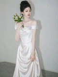 Retro Off-the-shoulder Floor Length Design Elegant Satin A-Line Wedding Dress HZ1024
