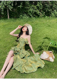 Retro Spaghetti Strap Irregular Ruffled Detachable Rose Design Elegant Satin Evening Dress Prom Dress HZ1024