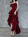 Retro Spaghetti Strap Irregular Ruffled Detachable Rose Design Elegant Satin Evening Dress Prom Dress HZ1024