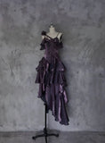 Retro Spaghetti Strap Irregular Ruffled Detachable Rose Design Elegant Satin Evening Dress Prom Dress HZ1024