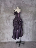 Retro Spaghetti Strap Irregular Ruffled Detachable Rose Design Elegant Satin Evening Dress Prom Dress HZ1024