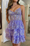 Charming Light Purple Lace Sequined Design A-line Mini Spaghetti Strap Tiered Homecoming Dress HZ1024