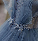 Gorgeous Blue Sparkly Tulle Beaded Prom Dress, Tiered Formal Gown With Rhinestone HZ1024