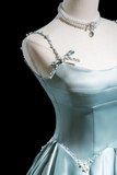 Blue Satin A-line Beaded Long Party Dress Prom Dress, Blue Evening Dress HZ1024