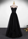 A-line Sweetheart Black Tulle Long Formal Dress, Black Simple Prom Dress HZ1024