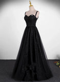 A-line Sweetheart Black Tulle Long Formal Dress, Black Simple Prom Dress HZ1024
