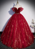 Wine Red Ball Gown Tulle Sweetheart Prom Dress, Wine Red Tulle Sweet 16 Dress HZ1024