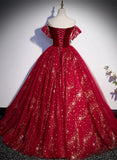 Wine Red Ball Gown Tulle Sweetheart Prom Dress, Wine Red Tulle Sweet 16 Dress HZ1024