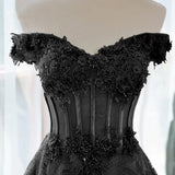 A-line Black Off Shoulder Long Lace Party Dress, Off Shoulder Prom Dress HZ1024