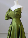 Green One-Shoulder Short Sleeves Backless Sweep Train Prom Dress, Green Party Dress HZ1024