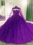 Glam Tulle Purple Ball Gown Sweet 16 Dress with Cape, Purple Long Party Dress HZ1024