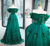 Green Off Shouldr Ball Gown Flowers Tulle Formal Dress, Green Floor Length Party Dress HZ1024