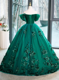 Green Off Shouldr Ball Gown Flowers Tulle Formal Dress, Green Floor Length Party Dress HZ1024